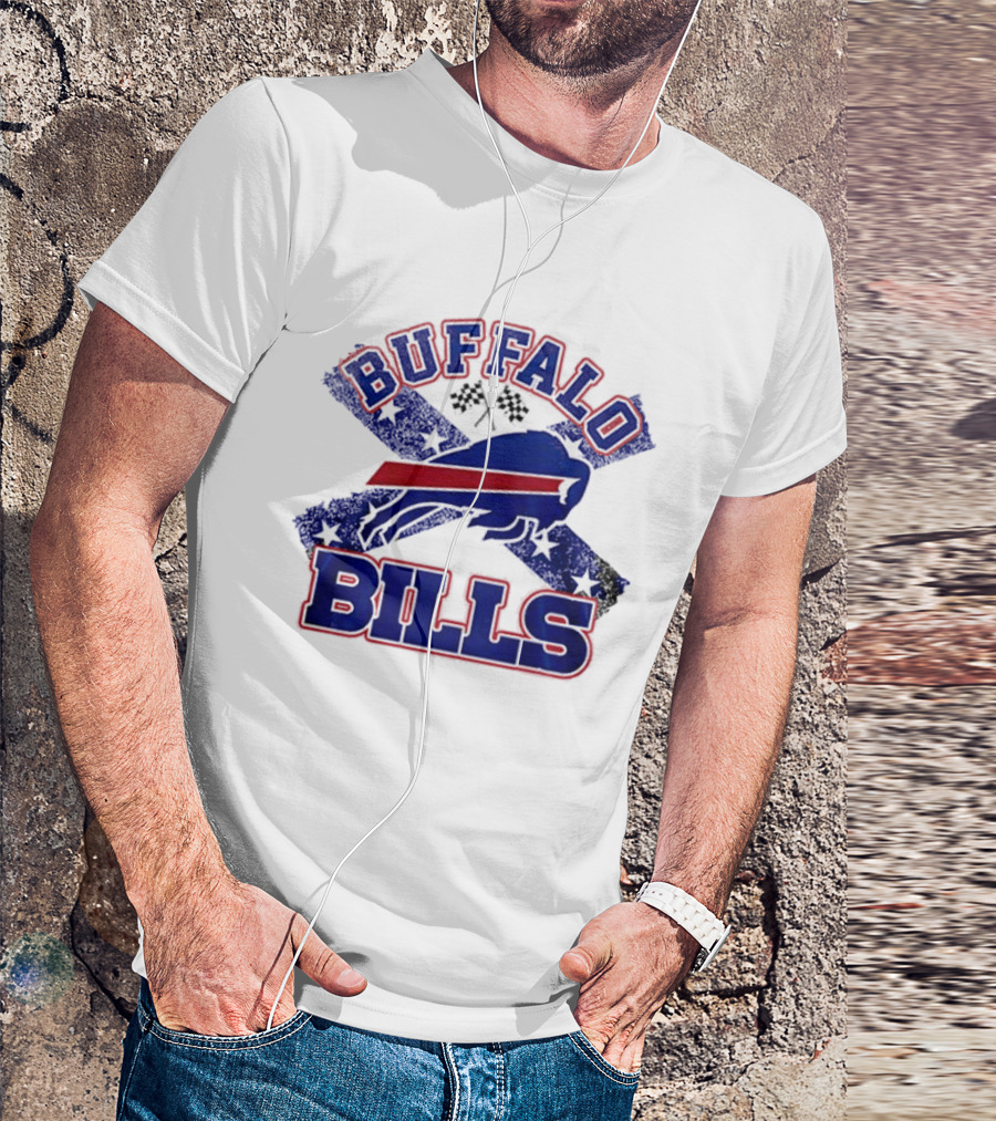 Buffalo Bills Caricature With Flag And Crossed Checkered Flags T-Shirt