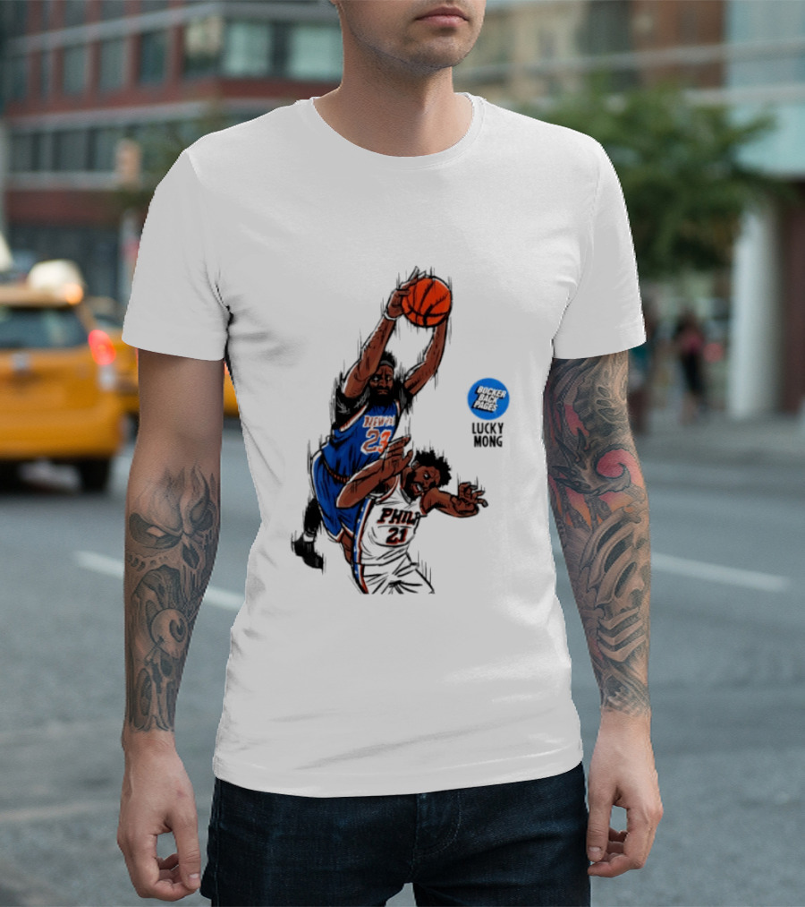 Knicks Vs 76ers Game 4 Iconic Moment Joel Embiid Mitchell Robinson NBA Matchup T-Shirt