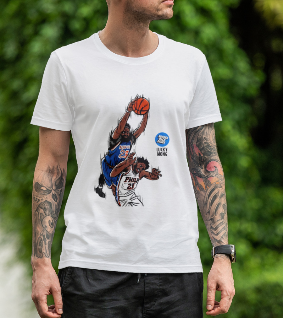 Knicks Vs 76ers Game 4 Iconic Moment Joel Embiid Mitchell Robinson NBA Matchup T-Shirt