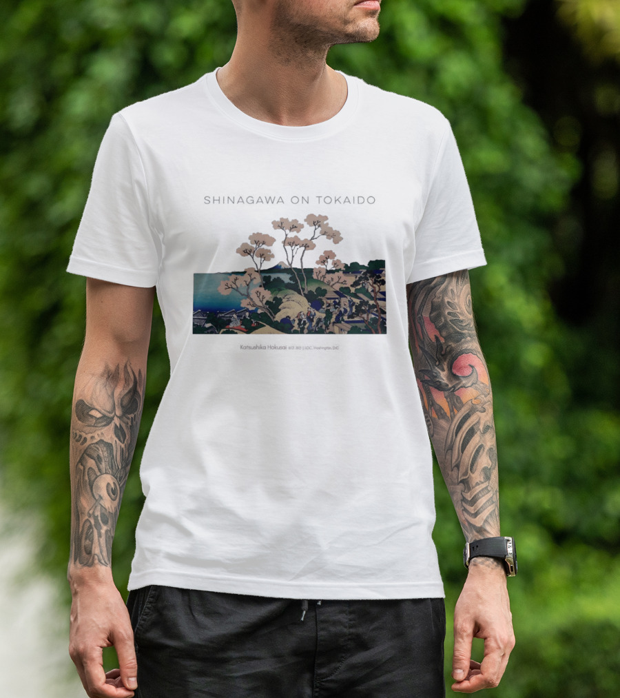 Shinagawa On Tokaido Katsushika Hokusai Cherry Blossoms And Travelers In Edo Period Japan T-Shirt
