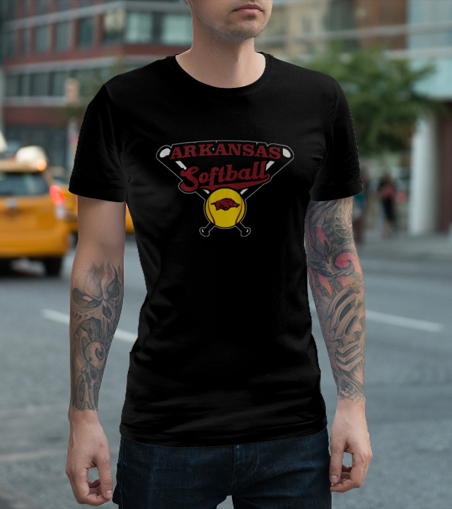 Arkansas Softball Crossed Bats Razorbacks Yellow Ball T-Shirt