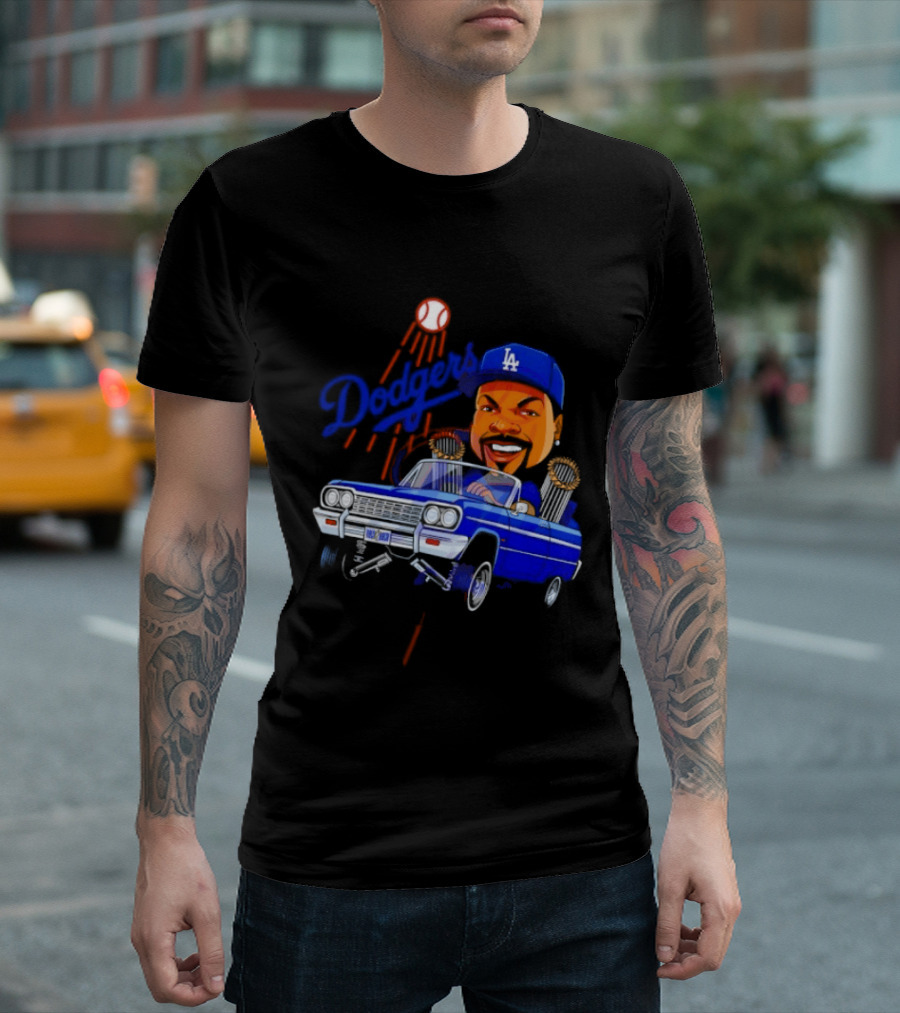 Ice Cube Cartoon Driving Lowrider Los Angeles Dodgers Baseball T-Shirt
