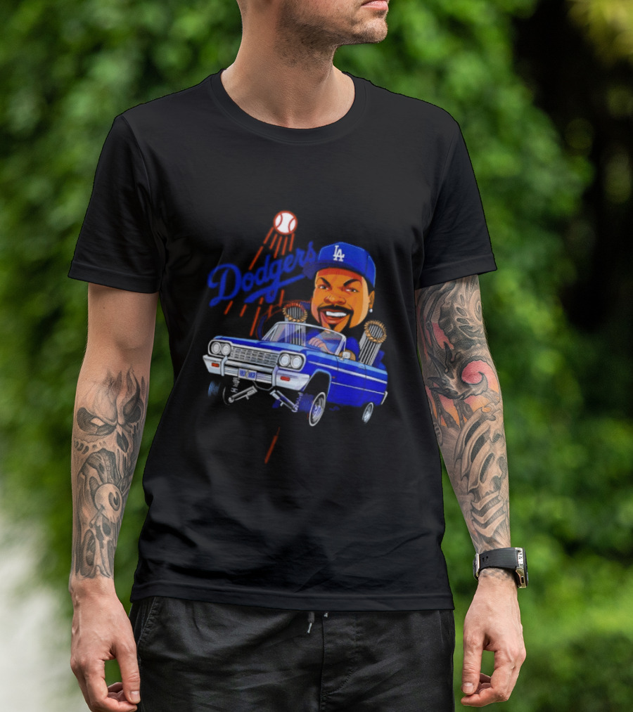 Ice Cube Cartoon Driving Lowrider Los Angeles Dodgers Baseball T-Shirt