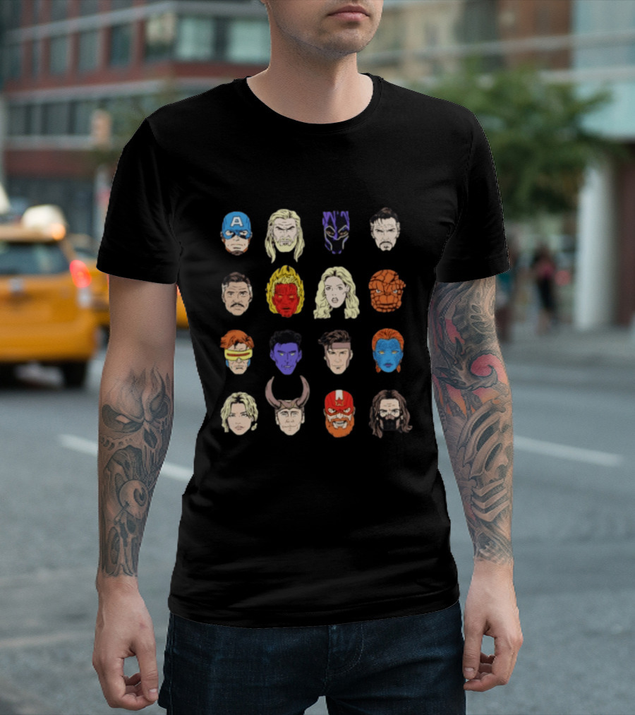 Heroes Assemble Big Head Iconic Characters Collage T-Shirt