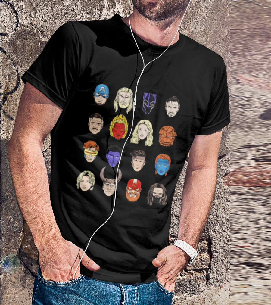 Heroes Assemble Big Head Iconic Characters Collage T-Shirt