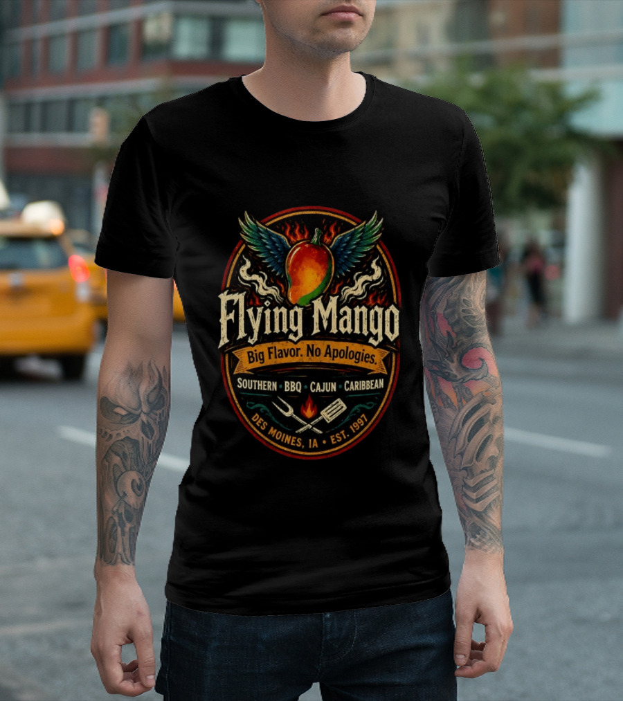 Flying Mango Southern BBQ Cajun Caribbean Des Moines IA Est 1997 T-Shirt