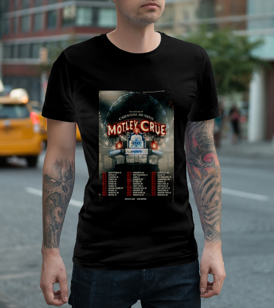 Motley Crue Carnival Of Sins Tour 2026 Featuring Tesla Dates And Locations T-Shirt