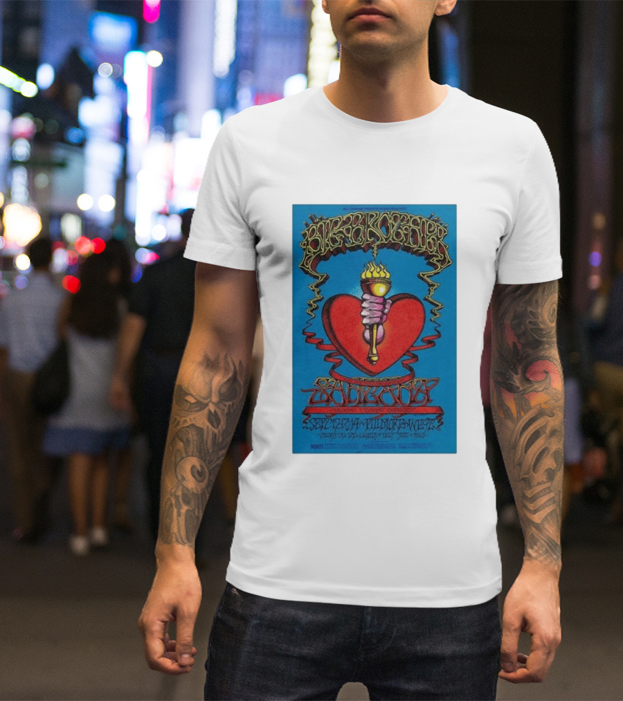 Big Brother The Holding Company Blue Background Red Heart And Torch Iconic Psychedelic T-Shirt