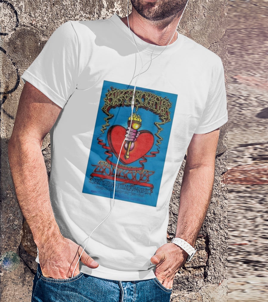 Big Brother The Holding Company Blue Background Red Heart And Torch Iconic Psychedelic T-Shirt