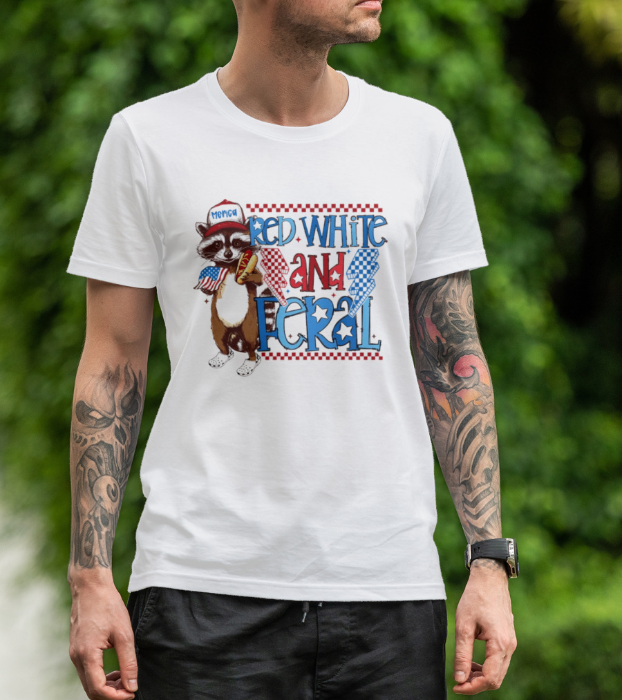 Red White And Feral Raccoon Hot Dog Patriotic 4th Of July Celebration T-Shirt