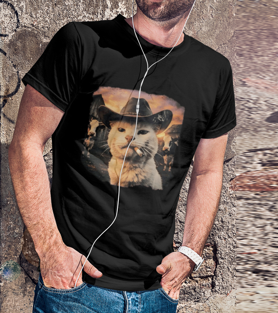 Cowboy Cat Smoking Cigarette In Rustic Barnyard Scene With Cows T-Shirt