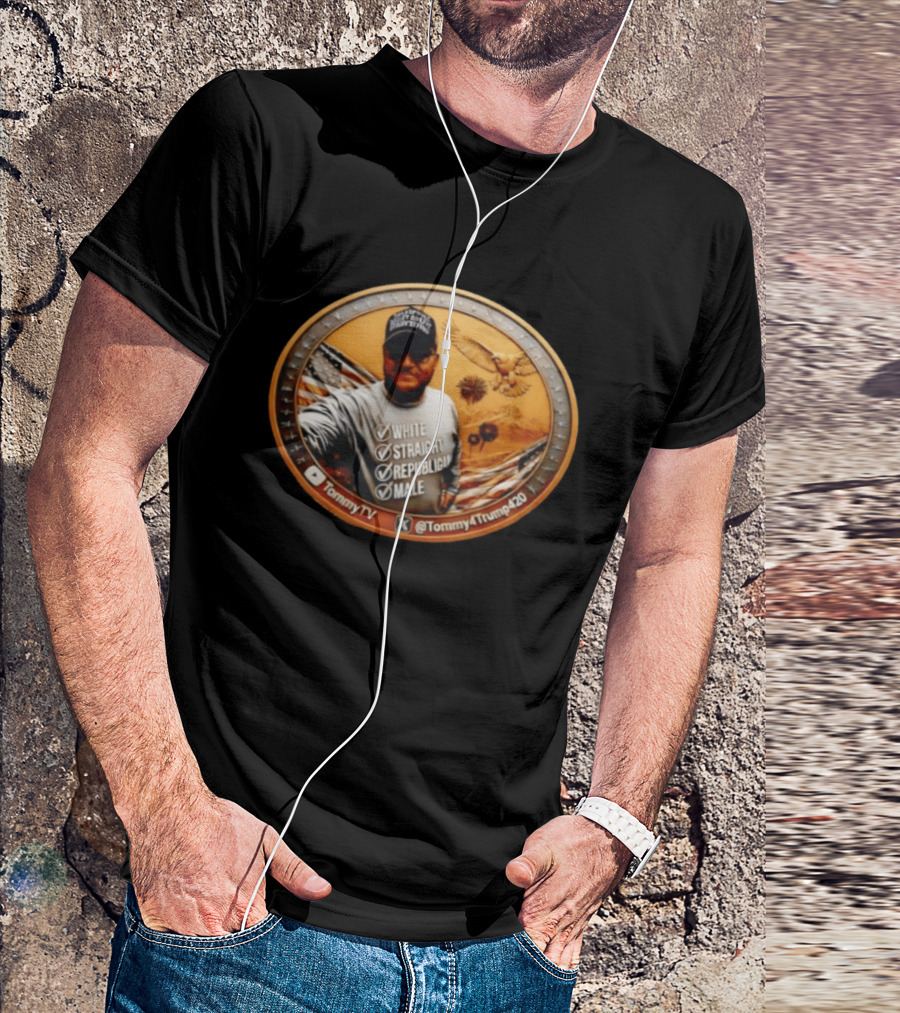 TommyTV Tommy4Trump420 White Straight Republican Male Coin With Eagle And American Flags T-Shirt
