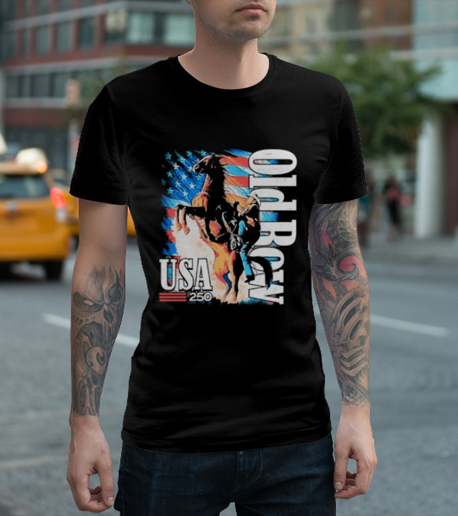 Cowboy Rodeo Rider With Horse USA Flag 250th Anniversary T-Shirt
