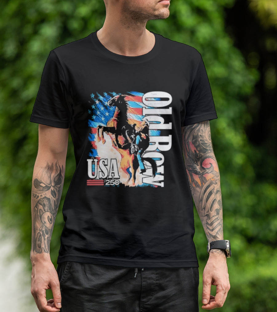 Cowboy Rodeo Rider With Horse USA Flag 250th Anniversary T-Shirt