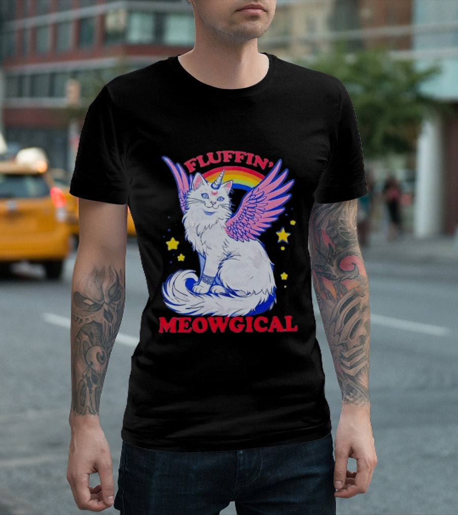 Fluffin' Meowgical Winged Unicorn Cat Rainbow Stars T-Shirt