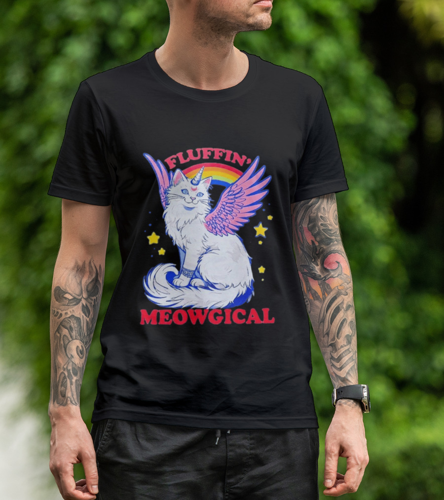 Fluffin' Meowgical Winged Unicorn Cat Rainbow Stars T-Shirt