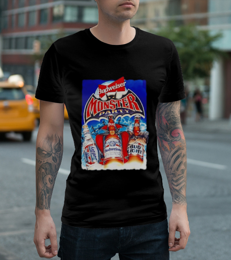 Budweiser Monster Party Bud Dry Bud Light Bottles Halloween Celebration T-Shirt