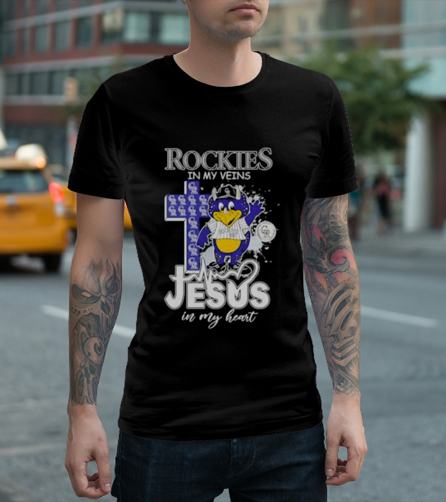 Colorado Rockies Baseball In My Veins Jesus In My Heart Cross Christian Rockies T-Shirt