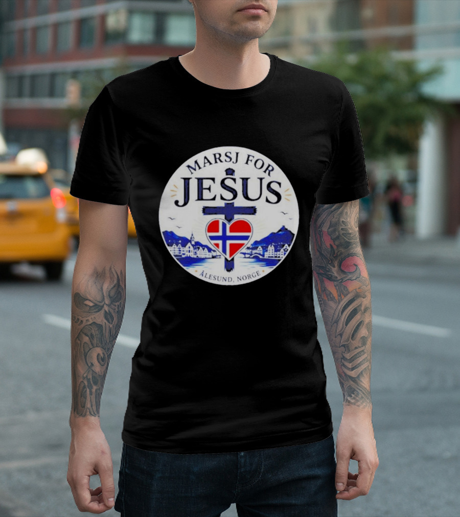 Marsj For Jesus Ålesund Norge Heart And Cross With Norwegian Flag T-Shirt