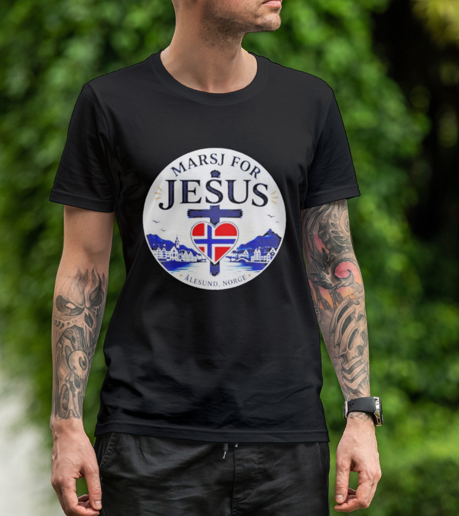 Marsj For Jesus Ålesund Norge Heart And Cross With Norwegian Flag T-Shirt
