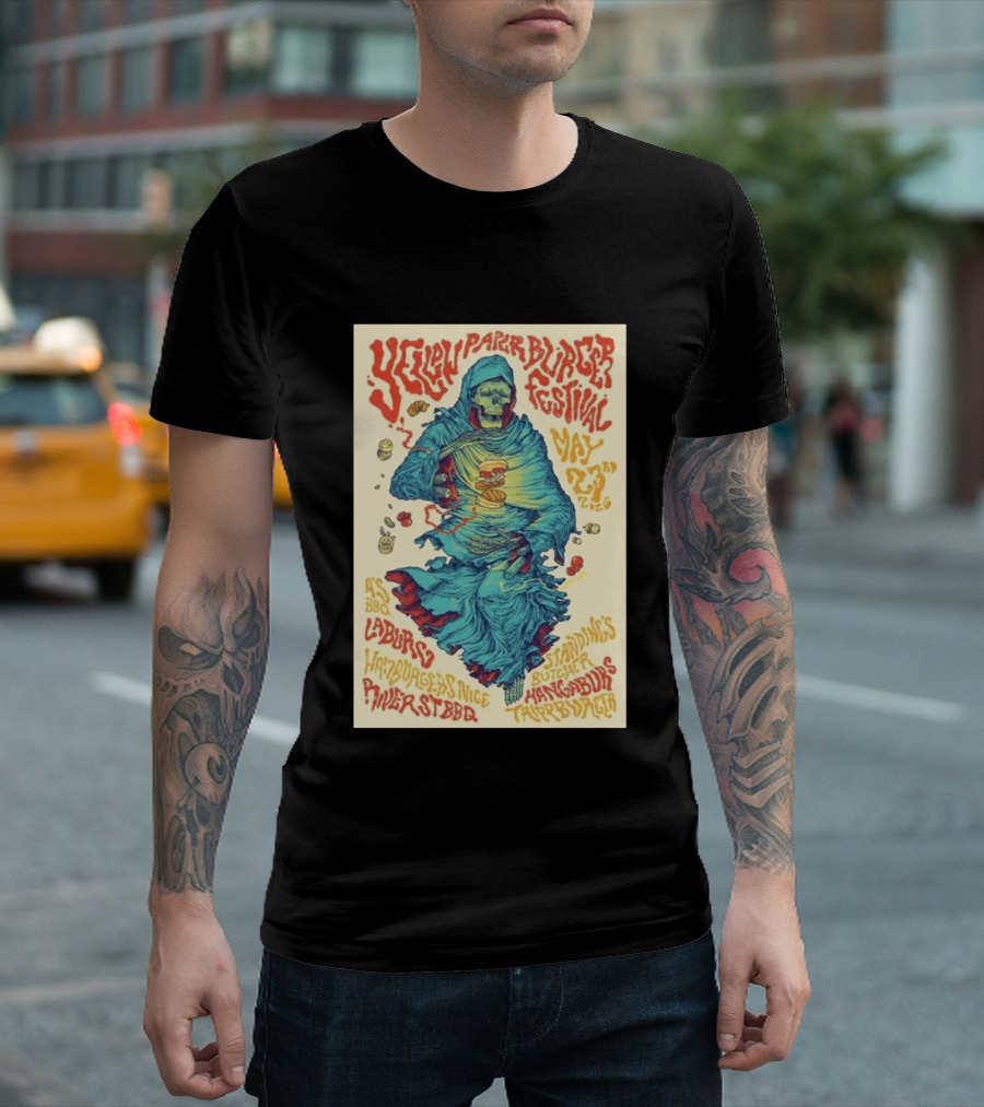 Yellow Paper Burger Festival May 23rd 2026 A's BBQ La Burg Standing's Butcher Taylor Burger River St BBQ Hamburgers Nice T-Shirt
