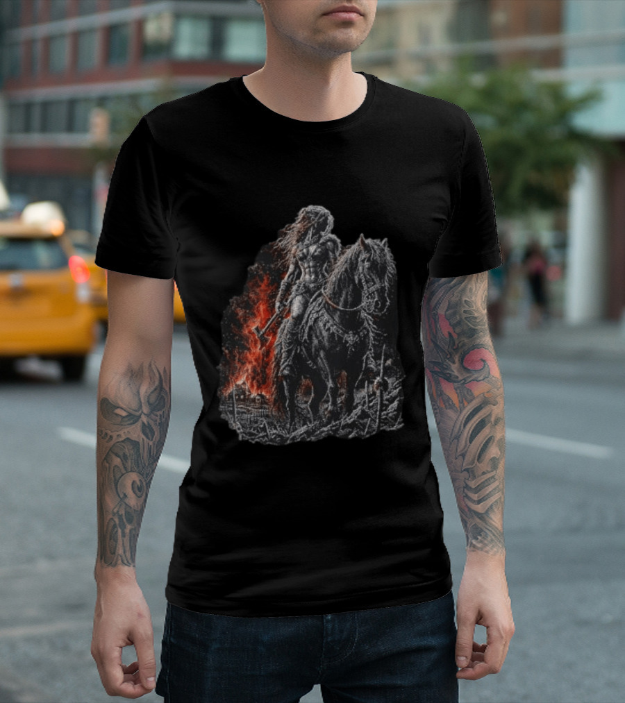 Barbarian Woman Dark Fantasy Warrior On Horseback With Axe And Fire T-Shirt