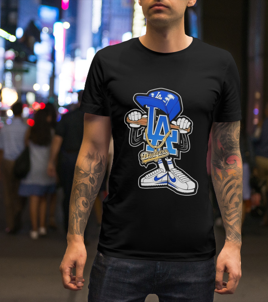 LA Dodgers Palm Trees Gold Chain With Blue Hat And Sneakers T-Shirt