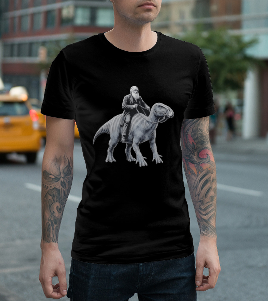Charles Darwin Riding Dinosaur Evolution Science Lover T-Shirt
