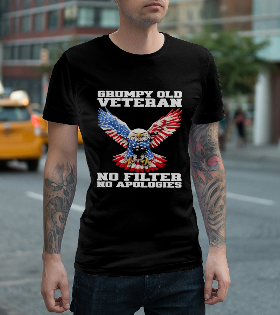 Grumpy Old Veteran American Flag Eagle No Filter No Apologies T-Shirt
