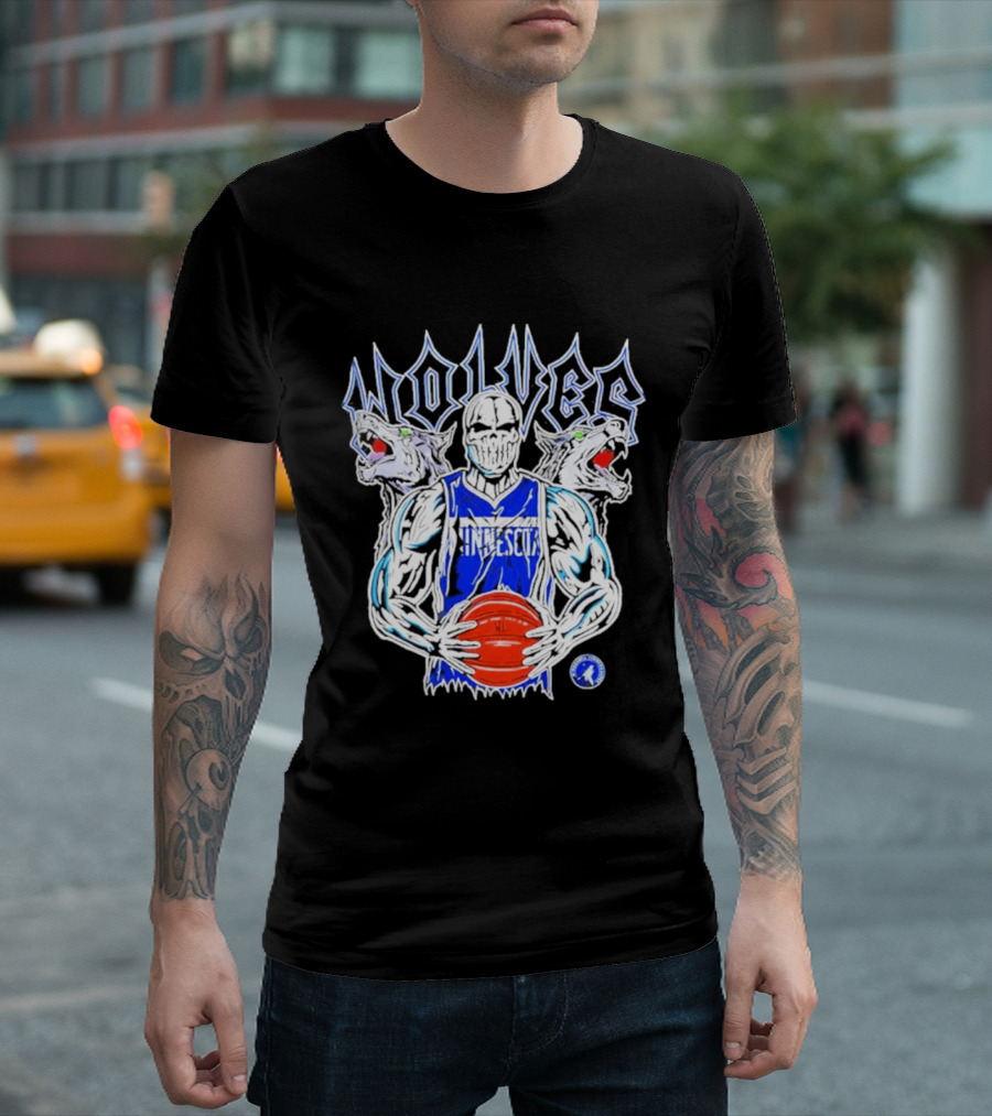 Wolves Minnesota Basketball Skeleton Player With Wolf Heads T-Shirt