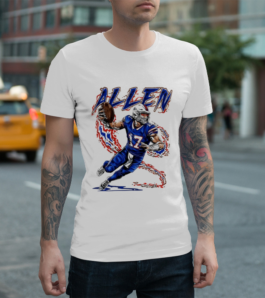 Josh Allen 17 Football Action Lightning Bolt T-Shirt