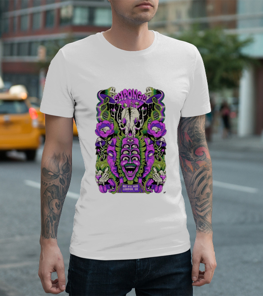 Shpongle May 9th 2026 London UK Psychedelic Imagery Skeletons And Flowers T-Shirt
