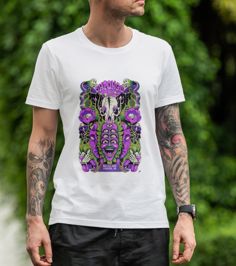 Shpongle May 9th 2026 London UK Psychedelic Imagery Skeletons And Flowers T-Shirt