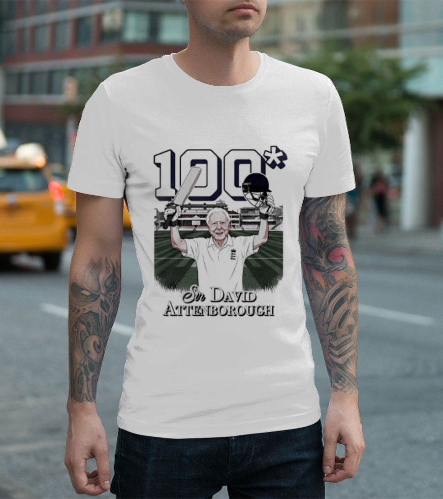 Sir David Attenborough 100 Celebration Cricket Bat And Helmet Raised T-Shirt