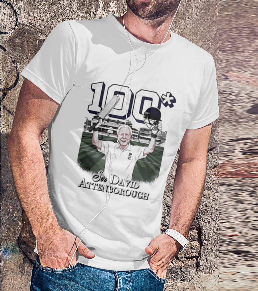 Sir David Attenborough 100 Celebration Cricket Bat And Helmet Raised T-Shirt