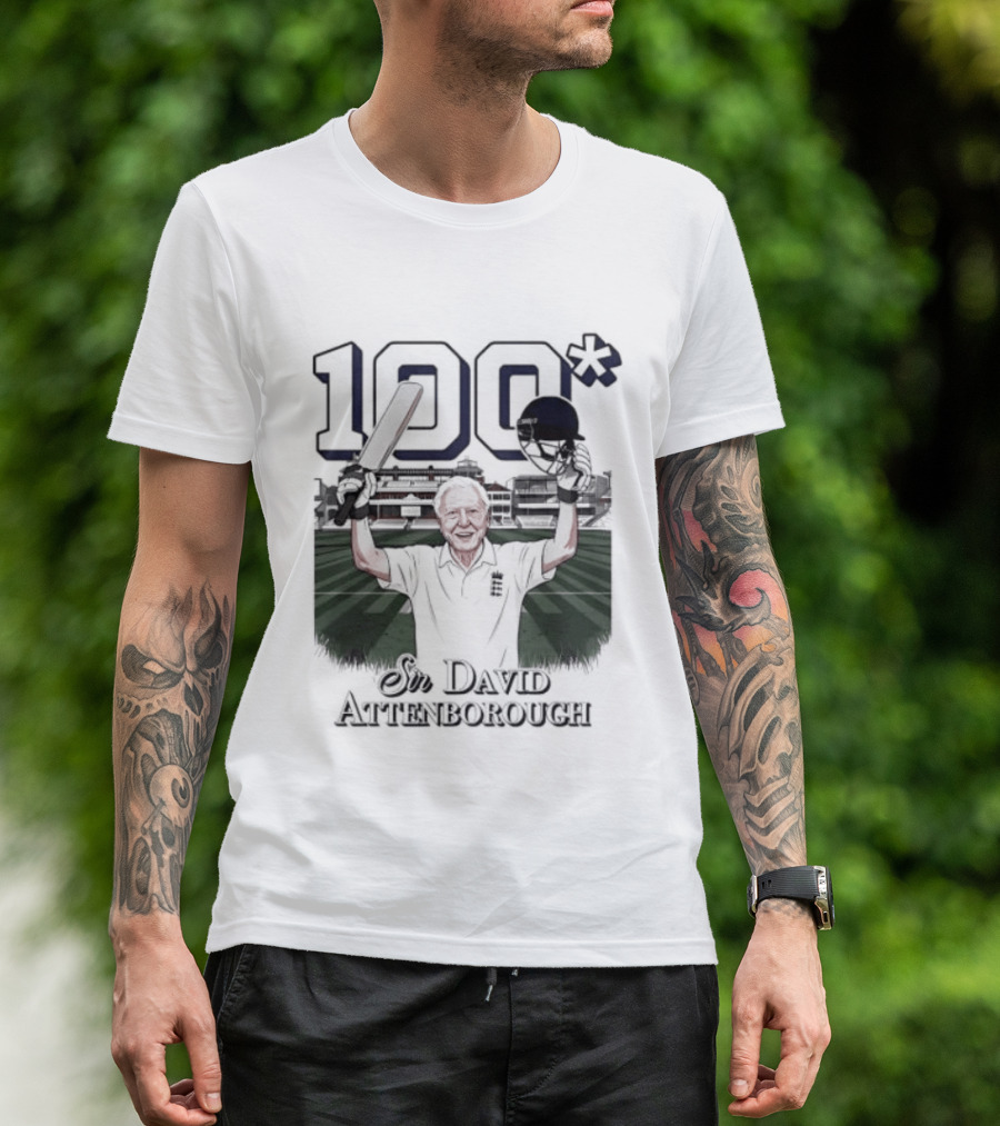 Sir David Attenborough 100 Celebration Cricket Bat And Helmet Raised T-Shirt