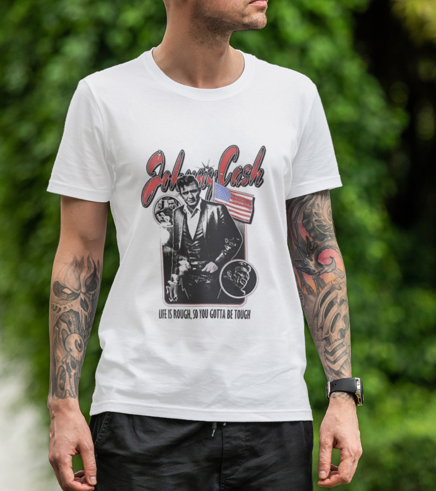Johnny Cash Life Is Rough So You Gotta Be Tough 1956 Tour USA Flag T-Shirt