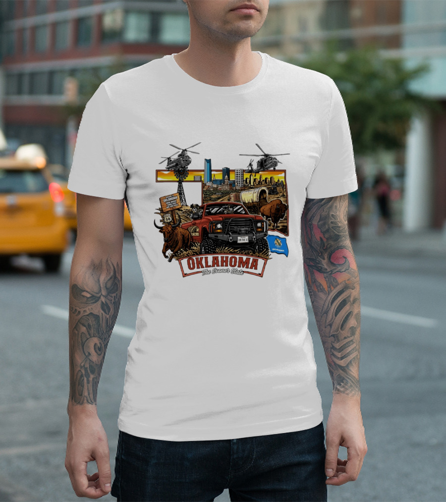 Oklahoma The Sooner State Route 66 Buffalo Cityscape Helicopters T-Shirt