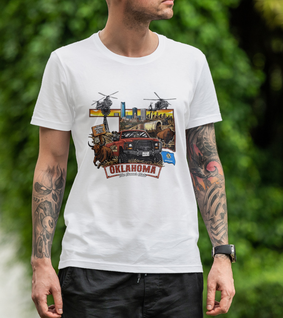 Oklahoma The Sooner State Route 66 Buffalo Cityscape Helicopters T-Shirt