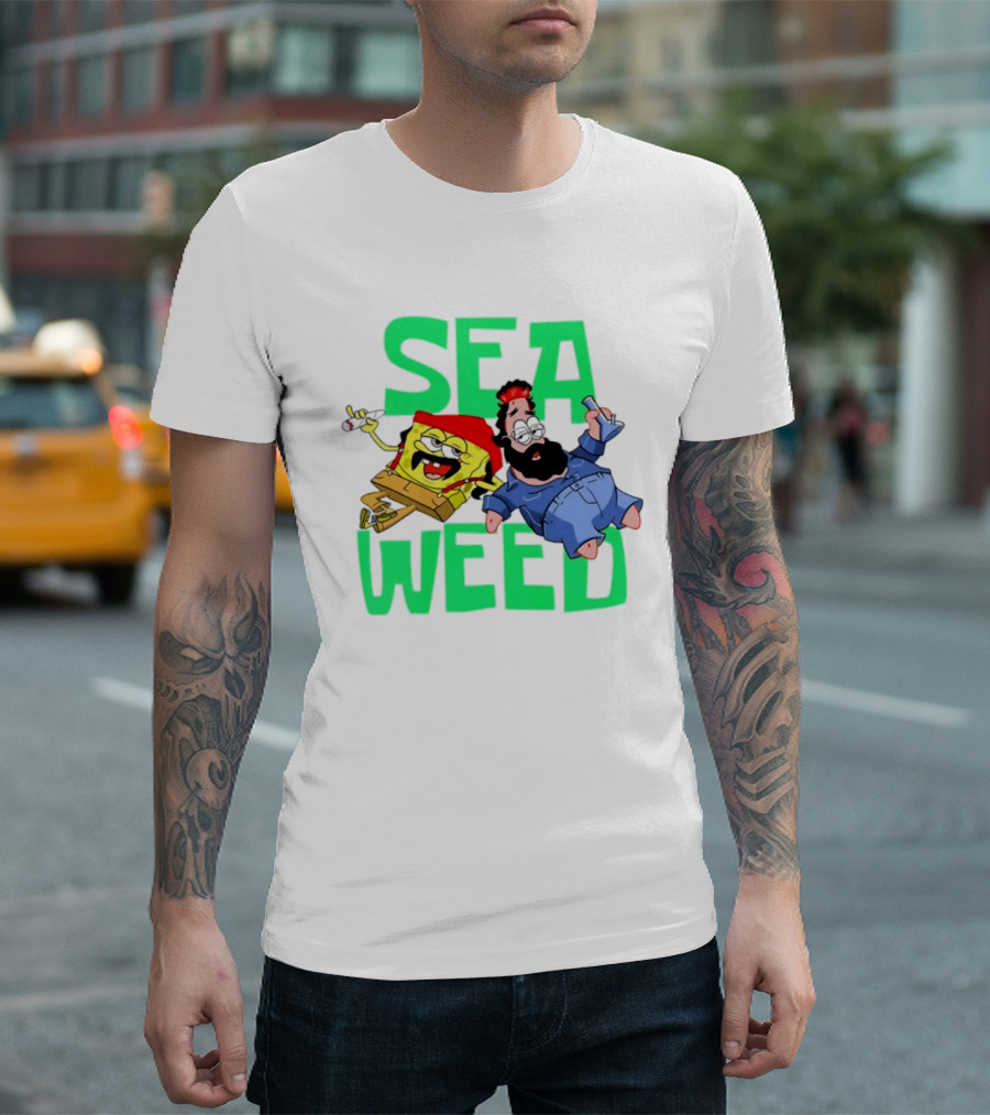 Sea Weed Sponge And Bearded Duo Cartoon Characters T-Shirt