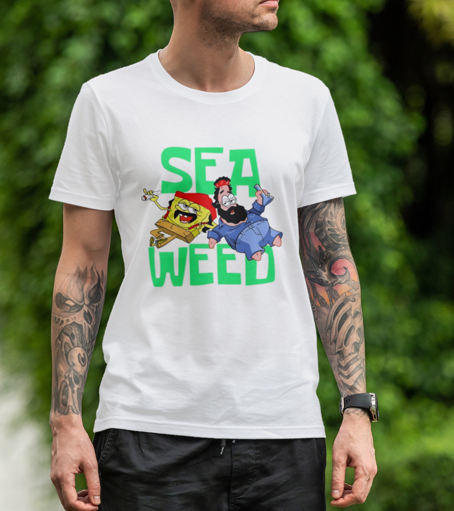 Sea Weed Sponge And Bearded Duo Cartoon Characters T-Shirt
