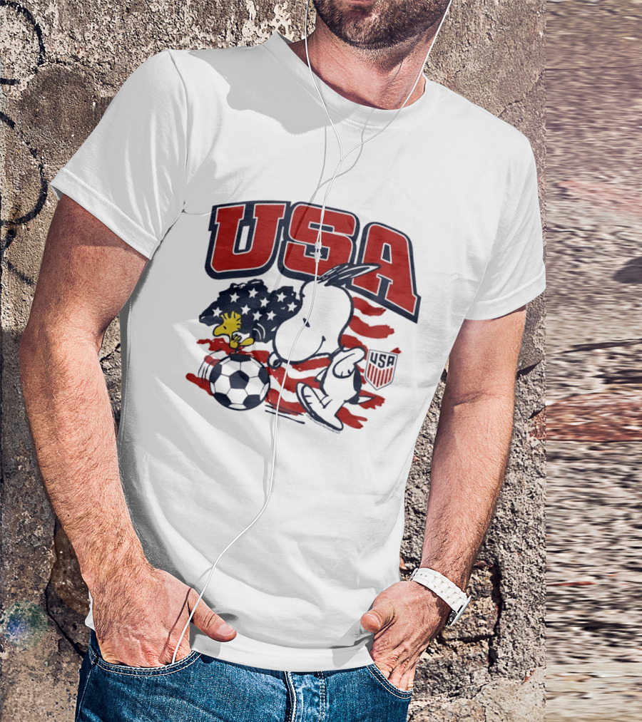 USA Soccer Snoopy And Woodstock Peanuts Characters With American Flag T-Shirt