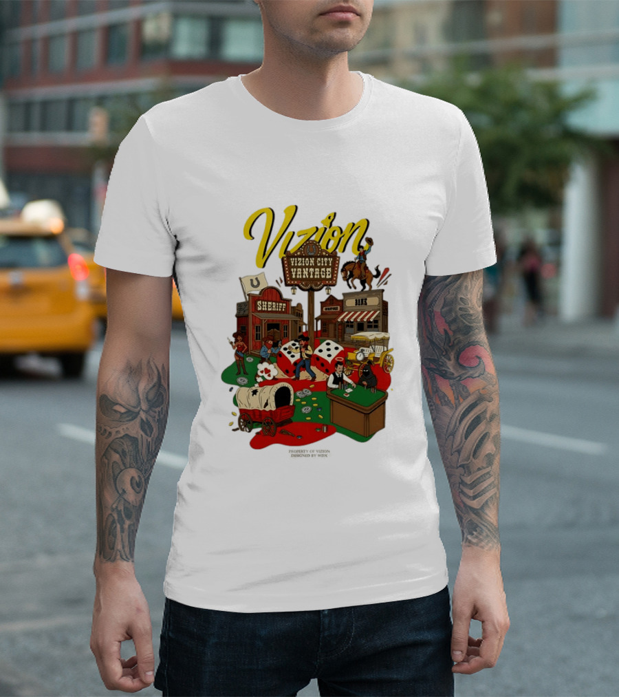 Vizion City Vantage Wild West Cowboy Town Dice Saloon Sheriff Wagon Horse T-Shirt