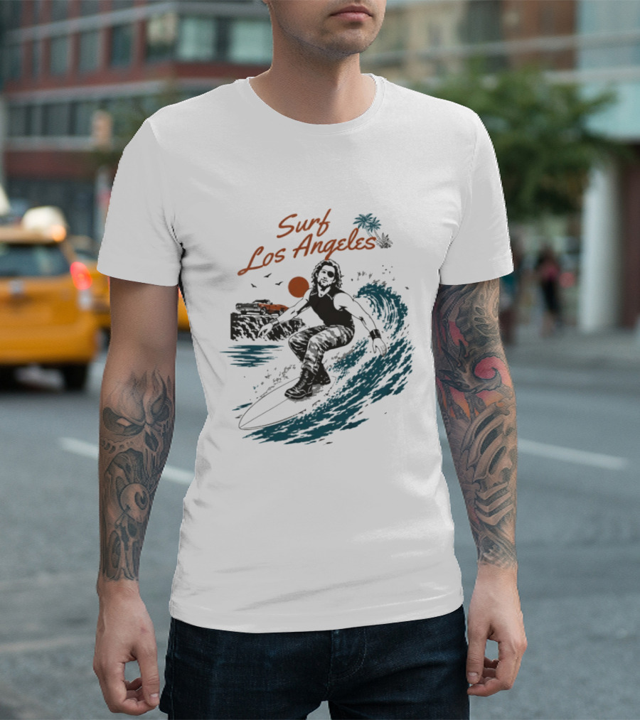 Surf Los Angeles 2026 Vintage Surfer With Sunset And Palm Tree Ocean Wave T-Shirt
