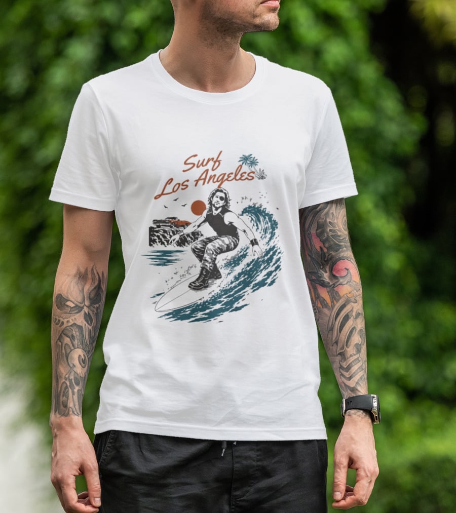 Surf Los Angeles 2026 Vintage Surfer With Sunset And Palm Tree Ocean Wave T-Shirt