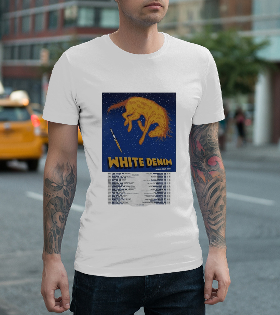White Denim World Tour 2026 Tour Dates And Cities With Starry Night Horse Scene T-Shirt