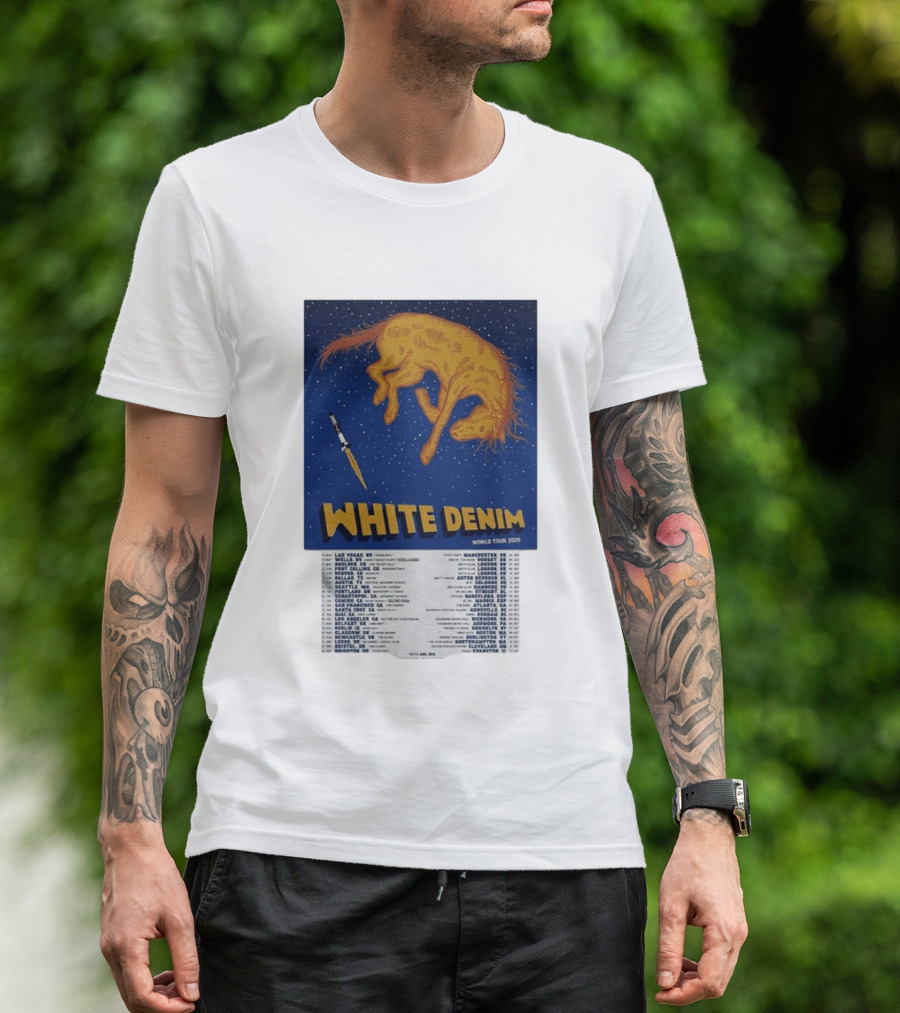 White Denim World Tour 2026 Tour Dates And Cities With Starry Night Horse Scene T-Shirt