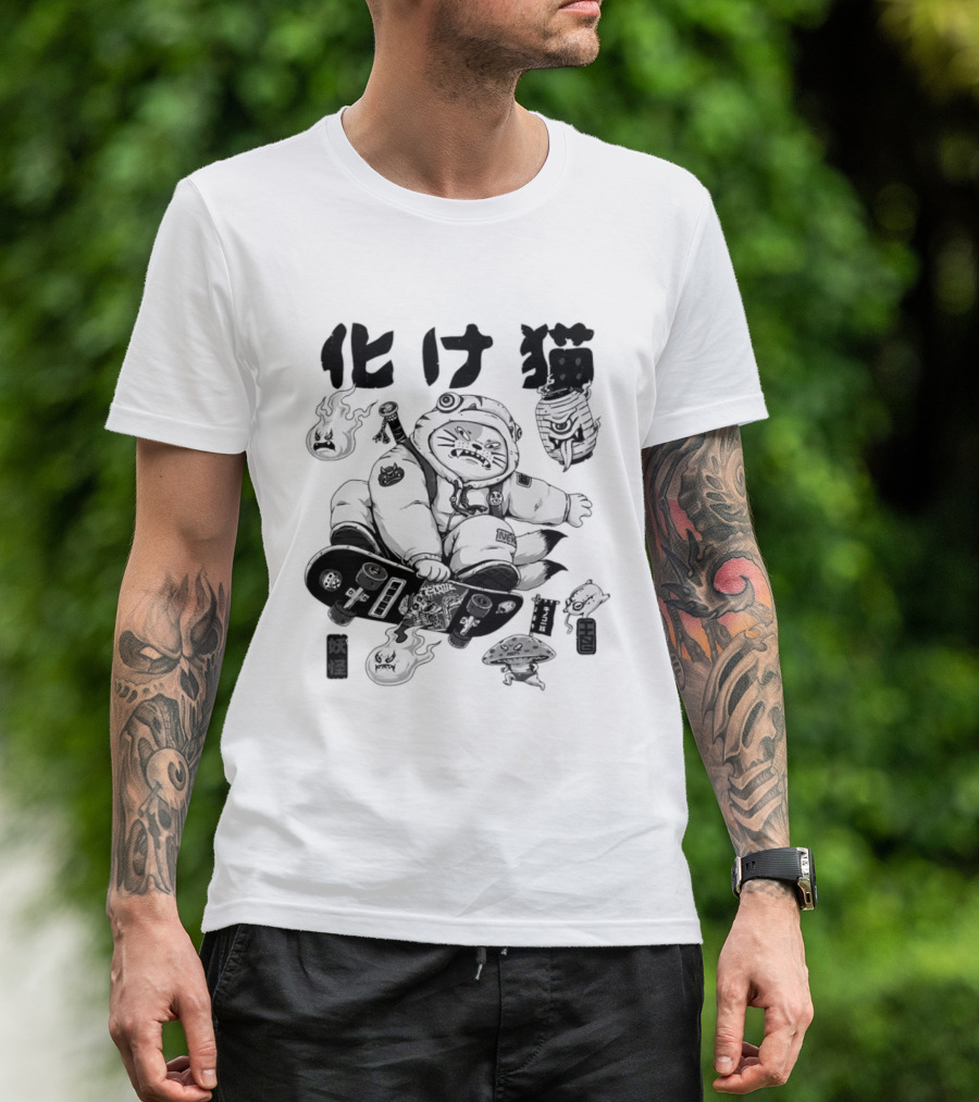 Bakeneko Gang Skateboarding Cat Demon Kanji T-Shirt