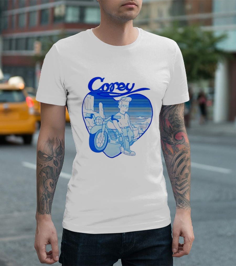 Corey Simpson Motorcycle In Heart Retro Cartoon Style With Blue Desert T-Shirt