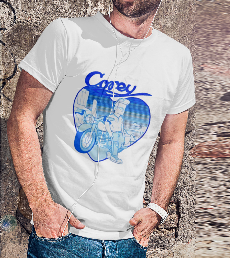 Corey Simpson Motorcycle In Heart Retro Cartoon Style With Blue Desert T-Shirt